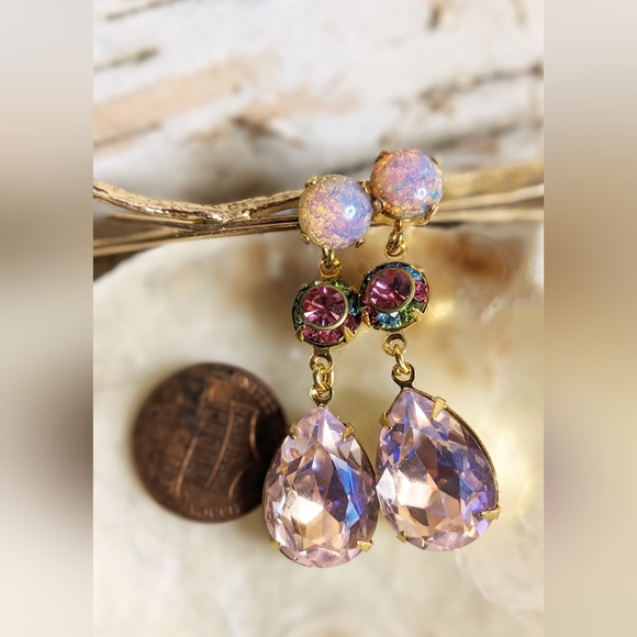 Pink Mystic Fire Opal & Swarovski Flower And Large Pink Crystal Earrings - Picture 7 of 7
